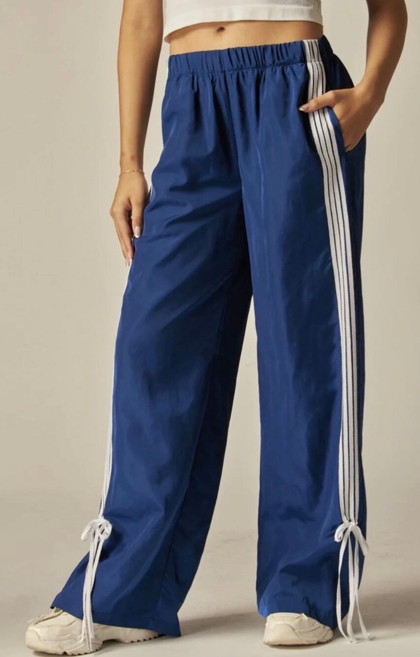 CALI 1850 Track Pant Size L NWT Blue Side Tie Stripe Wide Leg Elastic Waist